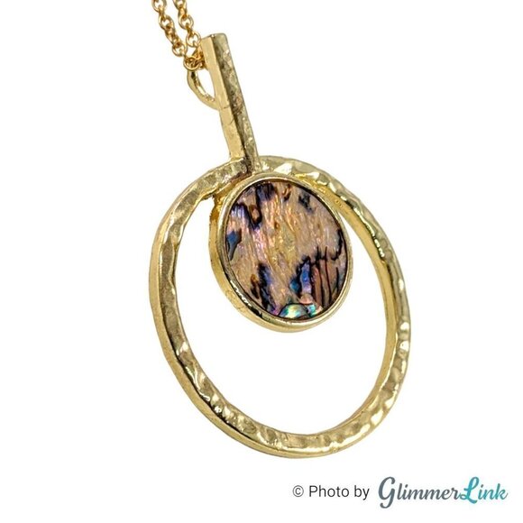 Toni Mother of Pearl Gold Tone Round Hammered Pendant Chain Necklace - Picture 7 of 12